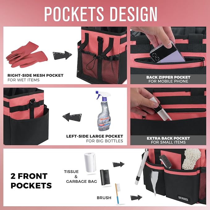 SCAVATA Compact Wearable Cleaning Caddy, Small Cleaning Supplies Organizer with Handle & Shoulder Straps for Housekeepers, under Sink & Car Cleaning Tool Organizers Bag (Coral Pink)