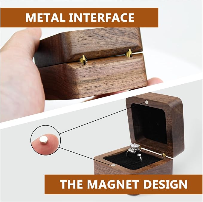 Personalized Wooden Ring Box, Mini Engagement Ring Holder Box with Single Slot, Square Wedding Rings Box for Rings, Elegant and Retro RingHolder Box for Wedding, Ceremony (black)