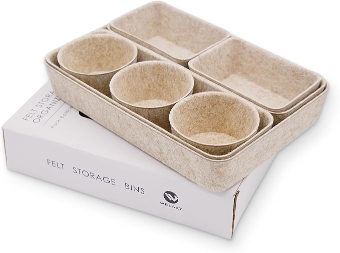 Welaxy Office Desk Drawer Organizers Trays Felt Shallow organizing Box Draw dividers for hygge aesthetics Office Supplies Multi-purposed Organize 8-piece (Oatmeal)