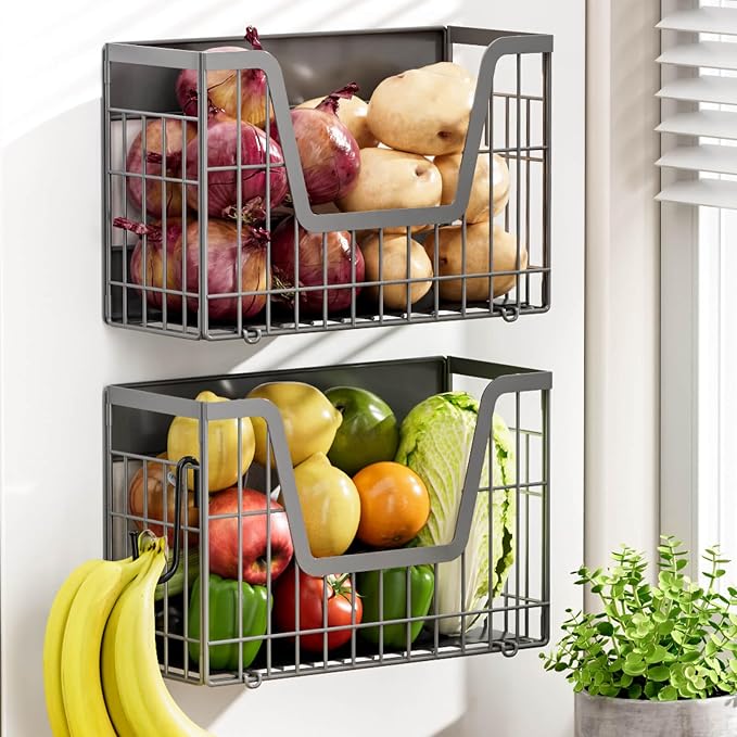 Grey Magnetic Shelf for Fridge, 2 Set Potato and Onion Storage Bins, Magnetic Fruit Basket for Fridge Pantry Organizers & Storage, Magnetic Spice Rack for Refrigerator Kitchen Counter Cabinet