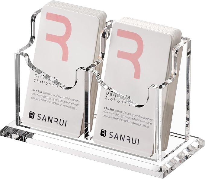 SANRUI Vertical Business Card Holder for Desk，Clear Acrylic Business Card Display Stand，2 Slots 1 Tier ，Holds 100 Cards