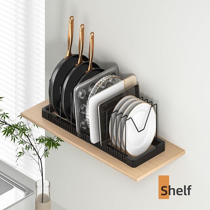PanPanPal Pots and Pans Organizer under Cabinet, Expandable Pot Lid Organizer Holder with 12 Adjustable Compartment, Pan Organizers inside Cabinet for Lids, Bakeware, Kitchen Storage Pot Rack, Black