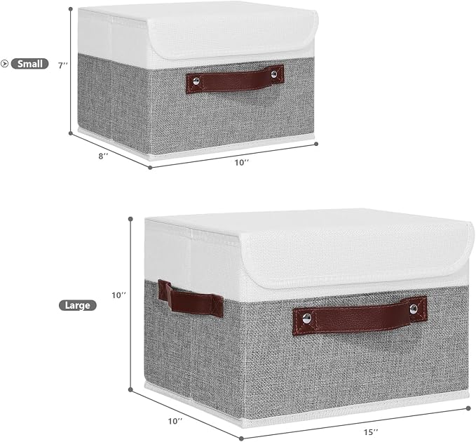 ANMINY Storage Boxes with Lids Washable Decorative Storage Bins Basket with PU Leather Handle Foldable Linen Fabric Storage Cubes Containers for Home Closet Organizer - Gray White, Small Size