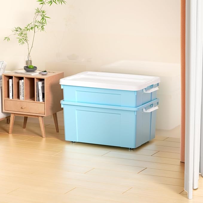 Cetomo Lidded Storage Bin with Handle, Tote Organizing Container with Wheels, Lid and Secure Latching Buckles, Stackable and Nestable, Plastic, 72 Quart-4 Pack, Blue