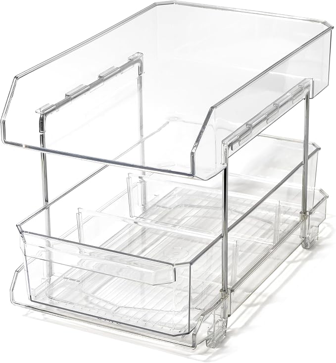 BINO 2 Tier Clear Storage Organizer with Dividers | Bottom Slide Out Drawer for Under Sink, Medicine Cabinet | Bathroom Closet, Vanity, Pantry Organizer | Under Cabinet Storage for Bathroom & Kitchen