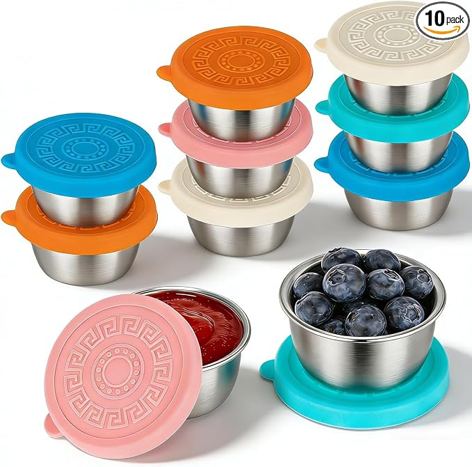 10 Pack 2.4 Oz Salad Dressing Containers To Go, Stainless Steel Small Condiment Containers with Lids, Reusable Leakproof Sauce Container Cups for Lunch Bento Box Picnic & Travel