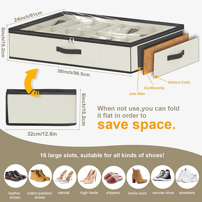 homyfort 32 Pairs Shoe Organizer Under Bed, Sturdy Underbed Shoe Storage Boxes Bins, Organizador De Zapatos, Extra Large Zapateras Organizer, Beige, Set of 2