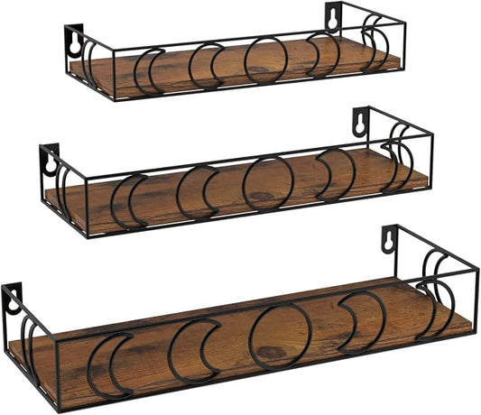 Moon Phase Wall Shelves Brown Black, 3 Pack Small Floating Book Plant Shelves for Bedroom Kid Room, Decorative Storage Display Shelf for Crystal Figurine Collectibles