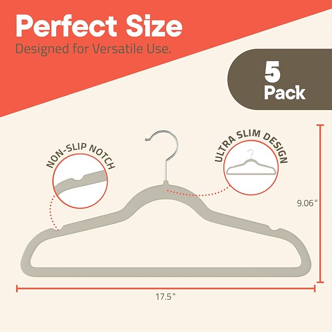 Ivory Velvet Hangers 5 Pack – 360° Swivel Hook, Non-Slip and Space Saving Hangers, Heavy-Duty 11 lbs Weight Capacity - Smooth Velvet Finish for Crease-Free Clothes and Effortless Closet Organization