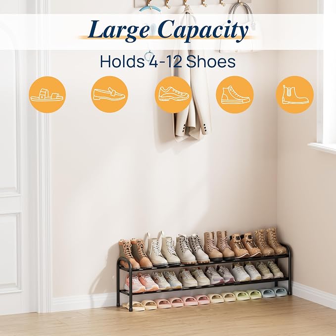 ENJOYBASICS 2 Tier Expandable Shoe Rack for Closet, Free Standing Metal Shoe Shelf Storage Organizer Holder 12 Pairs, Adjustable Width Shoe Rack for Entryway Small Space, Black