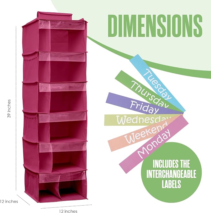 Houseables Kids Clothes Organizer, Weekly Clothes Organizer for Kids, Closet Daily Outfit Storage, Monday Through Friday Clothing Planner, Day of The Week, Weekday, School, Hanging, 6 Shelf, Pink