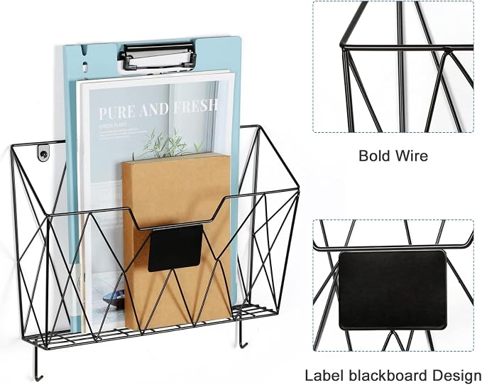 OYEAL Hanging Wall File Organizer Metal Wall File Holder 3 Pockets Mail Organizer Wall Mounted with Hooks for Office Home, Black