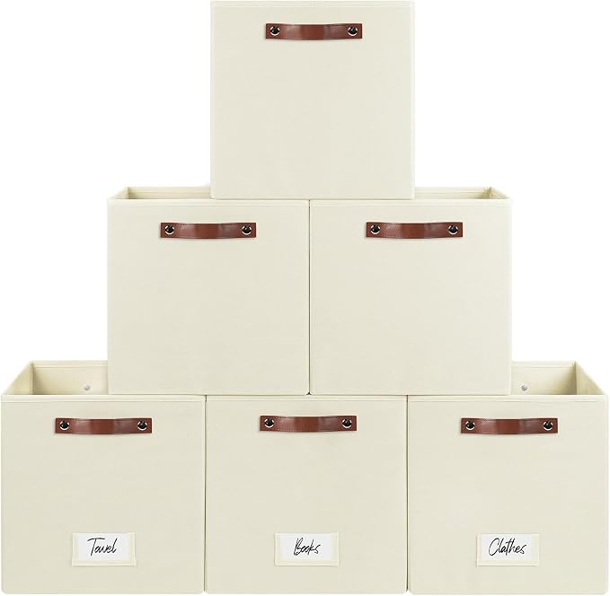 FinishingBo 6-Pack Storage Cubes with Handles & Label Holders Basket, Closet Cube Home Organizer Bins(Beige, 13 x 13 x 13 inch)
