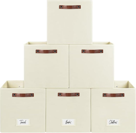 FinishingBo 6-Pack Storage Cubes with Handles & Label Holders Basket, Closet Cube Home Organizer Bins(Beige, 13 x 13 x 13 inch)