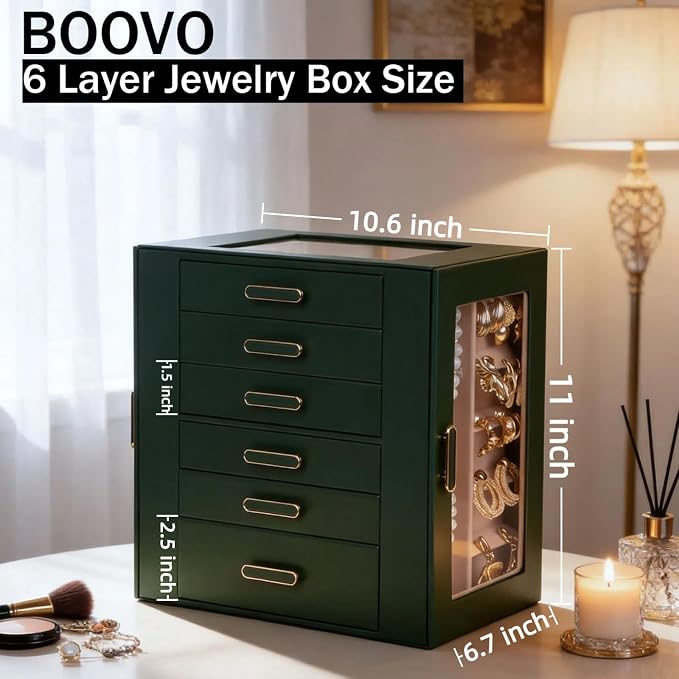 BOOVO Clear Lid Jewelry Box,3 Layers Jewelry Organizer Large Jewelry Storage Box with 2 Drawers,Jewelry Holder Organzier of Rings Earrings Necklace Bracelets for Women (Green, 6 Layer)