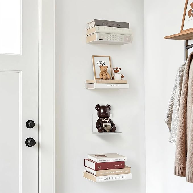 STORAGE MANIAC Floating Book Shelves for Wall Mounted Invisible Floating Bookshelves Heavy-Duty Steel Hidden Bookshelf Hanging Bookshelves for Bedroom Living Room Office, White 4-Pack Large