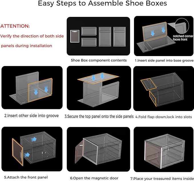 6 Pack Shoe Storage Box Organizer, Clear Thicken Stackable Plastic Shoe Boxes with Magnetic Door, Sturdy Shoe Containers for Sneakers Boots, Easy to Assemble, Fit up to US Size 12(13.2"×10.6"×7.5")