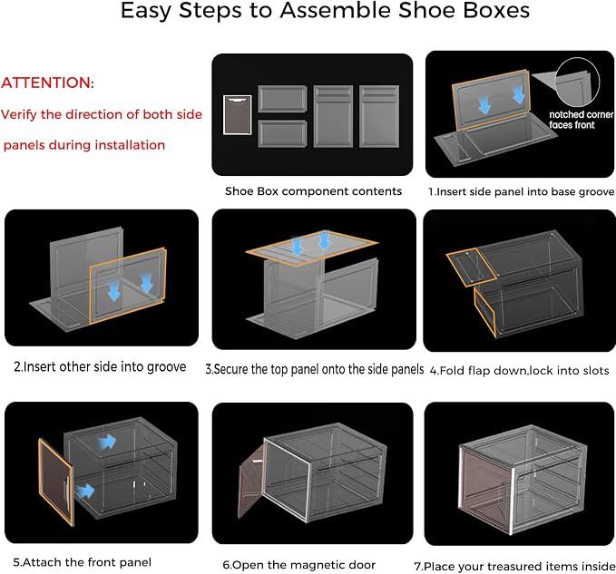 6 Pack Shoe Storage Box Organizer, Clear Thicken Stackable Plastic Shoe Boxes with Magnetic Door, Sturdy Shoe Containers for Sneakers Boots, Easy to Assemble, Fit up to US Size 12(13.2''x10.6''x7.5'')