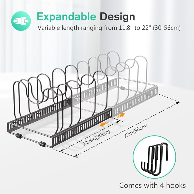 Puricon Expandable Pot and Pan Organizer for Cabinet with 10 Dividers, Adjustable Pots and Pans Organizer Rack Pan Lid Cookware Bakeware Baking Storage Holder for Kitchen Countertop Pantry -Bronze | 10 Dividers, Adjustable, Lid Cookware Bakeware Baking...