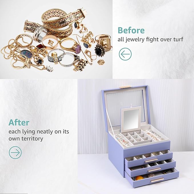 BOOVO Clear Lid Jewelry Box,3 Layers Jewelry Organizer Large Jewelry Storage Box with 2 Drawers,Jewelry Holder Organzier of Rings Earrings Necklace Bracelets for Women (Purple, 4 Layer)