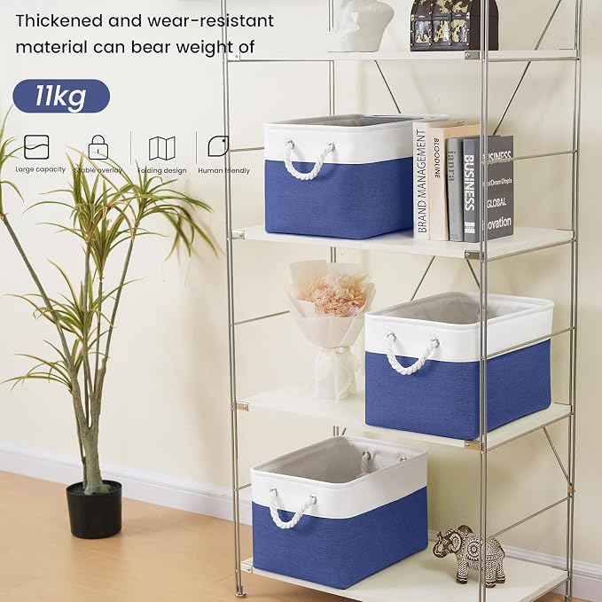 Large Storage Baskets- 15x11x10 inch Storage Bins for Shelves and Closet Organizing, Foldable Fabric Bin for Home Organization Clothes and Laundry (1-Pack, White&Blue)
