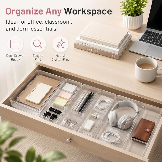 12 Pack Large Drawer Organizer Bins - Clear Plastic Bathroom Drawer Organizer Trays - Heavy Duty Kitchen Drawer Dividers for Utensils - Non-Slip Storage Bins for Makeup, Bedroom, Office Desk