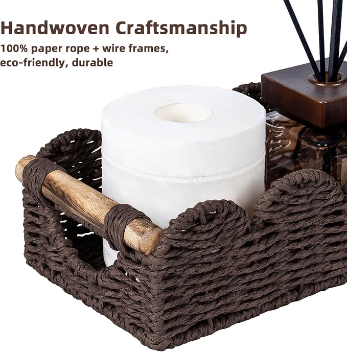 CubesLand Bathroom Basket Organizer w/Cut Out Handle, Back of Toilet Paper Storage Baskets Tray for Bathroom Countertop Decorative, Scalloped Wicker Basket Also for Home Decor, Living Room, Brown