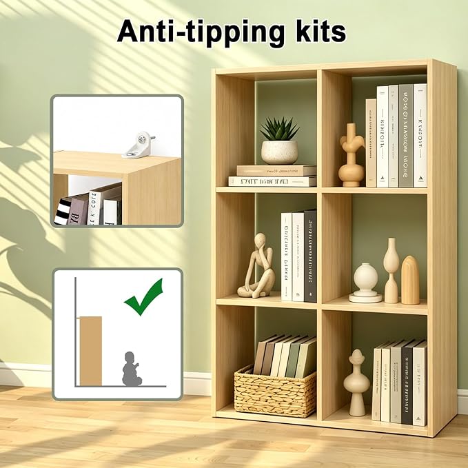 6 Cube Shelf with Anti-Tipping Kits + Reversible Open Back Bookcase, Multi Layer and Multi Grid Partition Layout (Oak 11in)