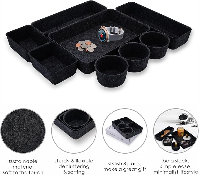Welaxy office desk drawer organizer tray felt Storage Bin for pens Jewelry makeup decluttering sleek minimalist living 8-piece(Carbon)
