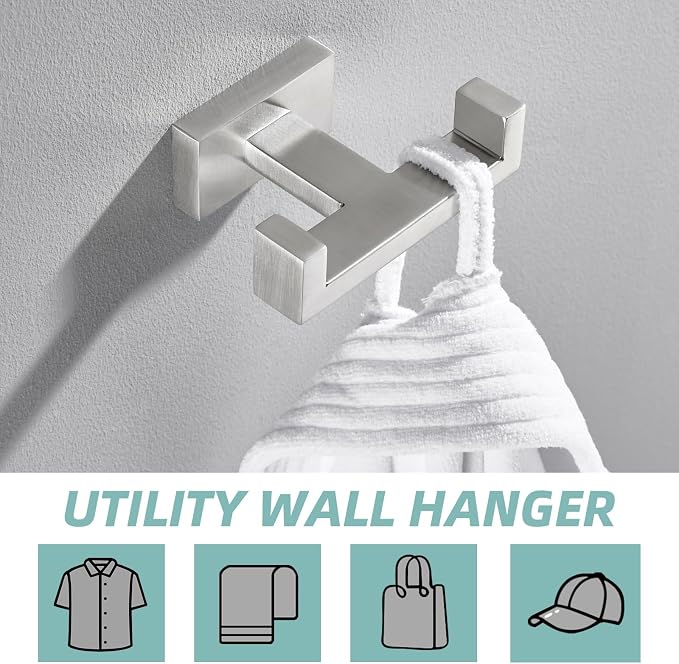 APLusee Square Double Towel Hook, 304 Stainless Steel Dual Coat Holder, Modern Bathroom Kitchen Storage Hanger Wall Mounted, Brushed Nickel