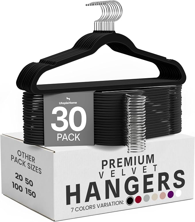 Utopia Home Velvet Hangers, Black, 30 Pack | Luxury Non-Slip, Slim Pant & Coat Hangers, Strong Space-Saving, Pants Bar, 360° Swivel Hook