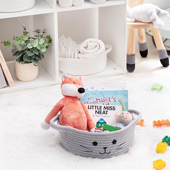 Small Woven Rope Storage Basket, Cute Cat Toy Basket for Living Room, Baby Baskets for Nursery, Gift Baskets Empty for Baby Shower, Grey, 9.8 x 4 inches