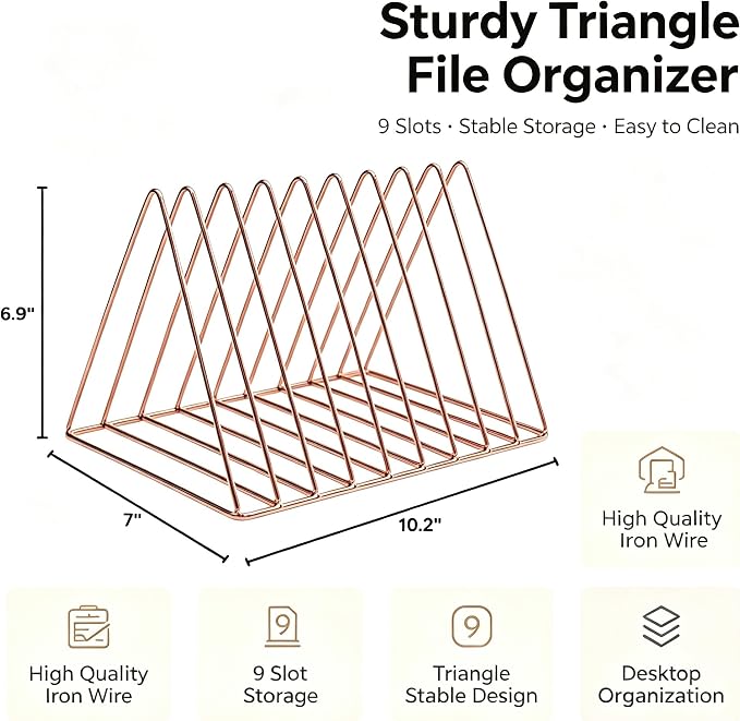 Sooyee 9 Slot Metal Record Holder Storage, Rose Gold | Magazine Holder, Book Album Display Rack, Desktop File Sorter Organizer, Triangle Bookshelf Decor for Home Office