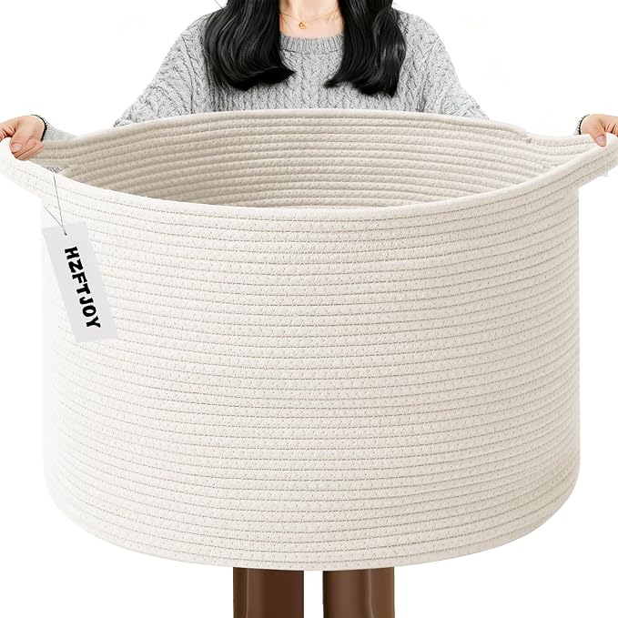 65L Large Blanket Basket,Woven Rope Laundry Basket Hamper with Handles,Decorative Nursery Basket Storage Bin for Toys, Pillows , Clothes Organizer, Living Room, Bedroom, Bathroom, White