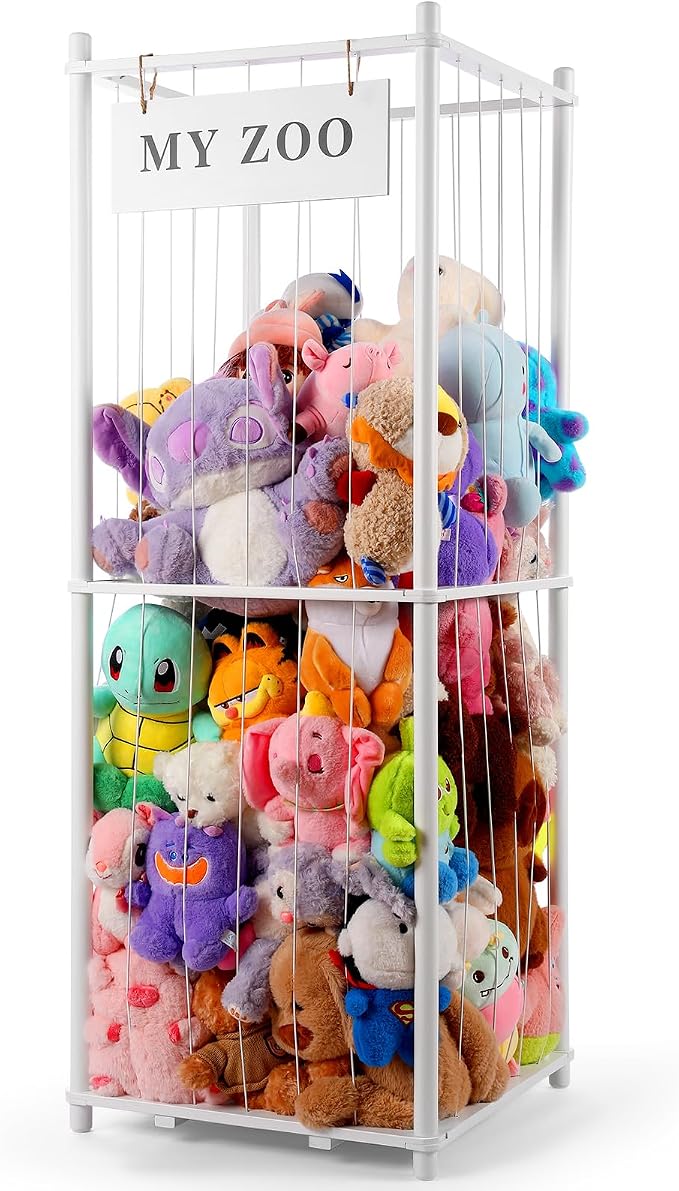 GLDZI Stuffed Animal Storage Zoo, Wooden Stuffed Animal Organizer with Elastic Cords for Boys Girls, Space Saving Toy Plushies Storage Holder for Playroom, Bedroom, Living Room (White, Large)