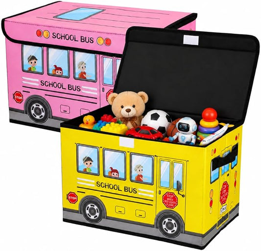 Sweetude 2 Pcs School Bus Treasure Box for Classroom, Foldable Chest Storage Toy Box Chest with Lid Treasure Storage Organizer Bin for Kids Teachers Toy Prizes Awards for Students(Yellow, Pink)