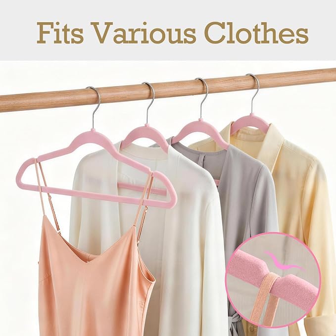 HOUSE DAY Lt Pink Velvet Hangers 60 Pack, Non Slip Clothes Felt Hanger Heavy Duty for Coat, Premium Slim Space Saving Suit Hangers for Closet Organizer, 360° Rotating Silver Hook