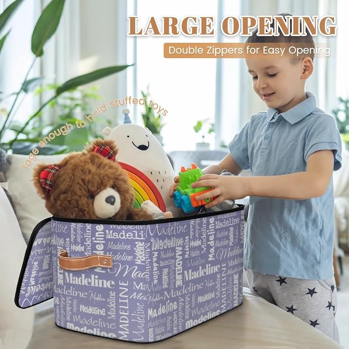 Custom Storage Basket with Name, Personalized Keepsake Box with Zipper Lid, Foldable Fabric Memory Bin Large capacity with Handle Haze Purple