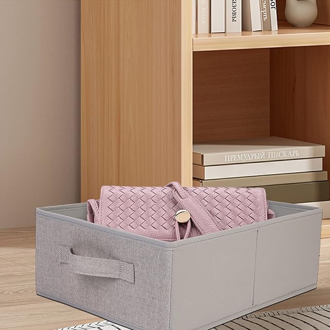 JAKAGO Fabric Storage Bins set of 4 Rectangle Storage Baskets with Handle Foldable Closet Organizer for Clothes Towel bedding Books Collapsible Clothing Container for Shelves Bedroom(Gray Low)