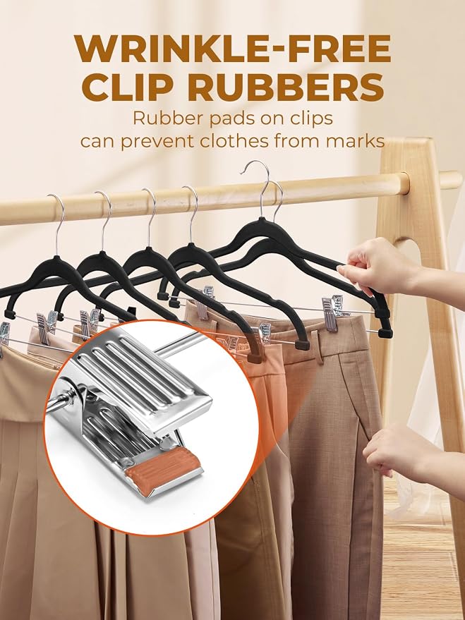 HOUSE DAY Velvet Skirt Hangers 72 Pack, Black Hanger with Adjustable Clips | Space Saving Slim Felt Pant Hanger, Heavy Duty Shorts Hanger, Non Slip Clip Hangars for Pants, Skirts, Shorts, Outfit