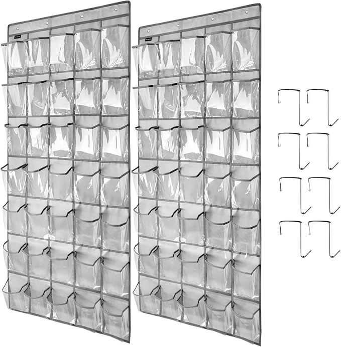 Clear Crystal 2 Pack 35 Pockets Large Hanging Shoe Organizer Over The Door Shoe Rack for Closet Door Storage Shoe Holder Hanger, 8Hooks, grey