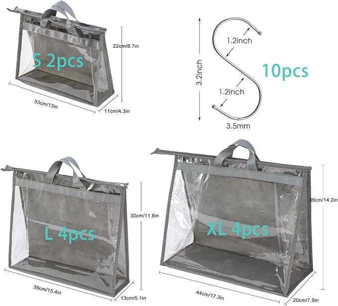 10 Set Handbag Storage Organizer Dust Bags for Purses Handbags Closet, Clear Purse Protector Storage Bag Dust Cover for Bags, Closet Organizer for Handbags with Hooks, Grey