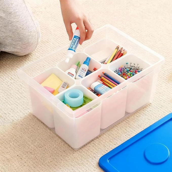 Plastic Storage Bins with Lids, Art Craft Supply Organizer Box with Brush Pot, Multipurpose Stackable Storage Containers for Organizing Tool, Craft, Crayon,Sewing (Blue)