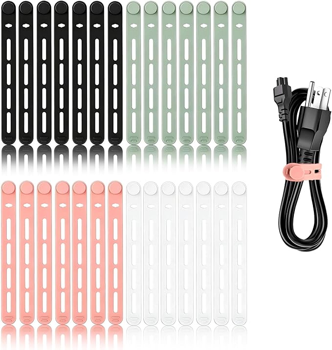 28Pcs Silicone Cable Ties Reusable, Multipurpose Cable Management Organizer, Adjustable Fastening Cable Straps with Locking Buckles, High Elasticity Cord Organizer, Travel Essentials (5.2in, 4Colors)