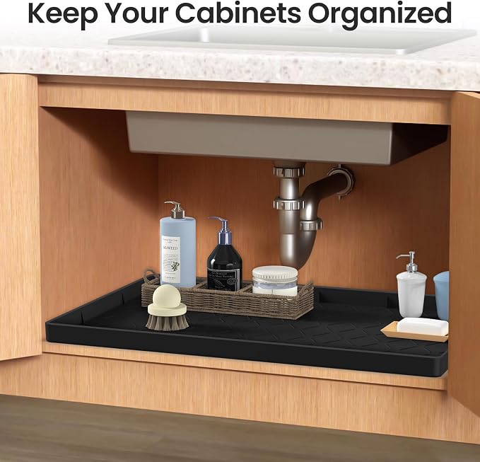 Mateeylife Under Sink Mats for Kitchen Waterproof 28"X19", Undersink Protectors，Silicone Mat Cabinet Liner, Under Sink Organizer for Bathroom and Kitchen，Boot Tray Pet Food Mat, Black