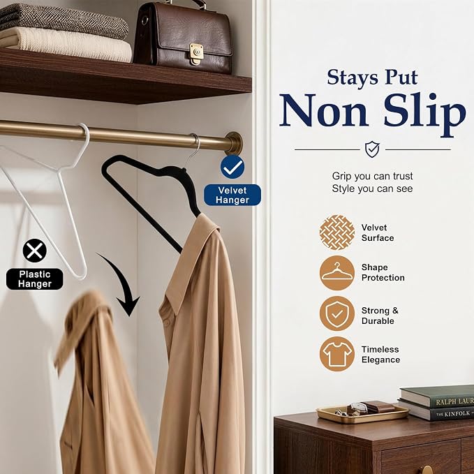 HOUSE DAY Black Velvet Hangers 60 Pack, Sturdy Non Slip Hanger Wrinkle-Free | Clothes Hangers with 360° Swivel Hook, Heavy Duty Slim Felt Hangers for Closet Space Saving, No Shoulder Bumps for Shirt-75g