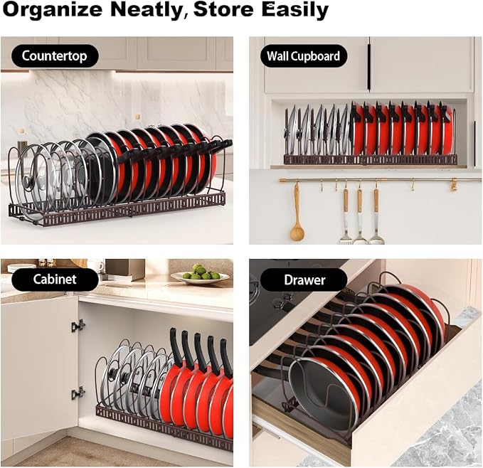 Housolution Pot and Pan Organizer Rack for Cabinet, Expandable Pot Lid Organizer with 15 Adjustable Dividers, Pan Holder Storage Rack for Kitchen Cabinet, Bronze