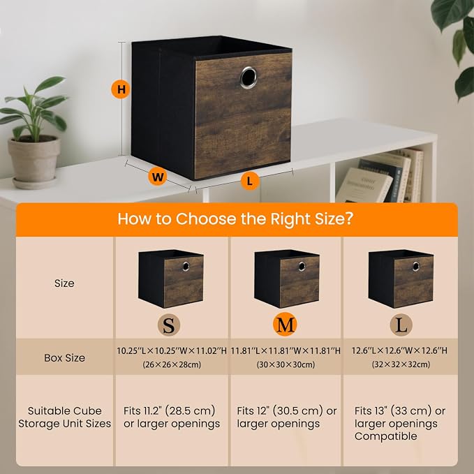 4 Pack Durable Storage Cube Bins with Decorative Wood Grain,Thickened Fabric Box,Storage Basket for Shelves,Closet,Storeroom,Bedroom,Living Room,Nursery,Office,Dorm,RV, 12x12x12in ( (Medium)