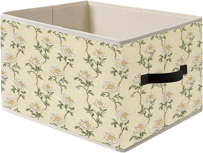 Chinoiserie Peony Floral Storage Bin Box with Handles, Cottagecore White Flower Foldable Organizer Basket Toybox for Girls Room Bedroom Bathroom Clothes Toys Books