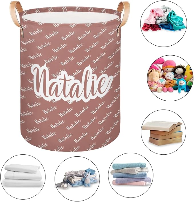 Personalized Laundry Basket, Custom Gift Laundry Hamper, Collapsible Nursery Waterproof Laundry Baskets, Dirty Clothes Toy Hamper with Handles Name Brown